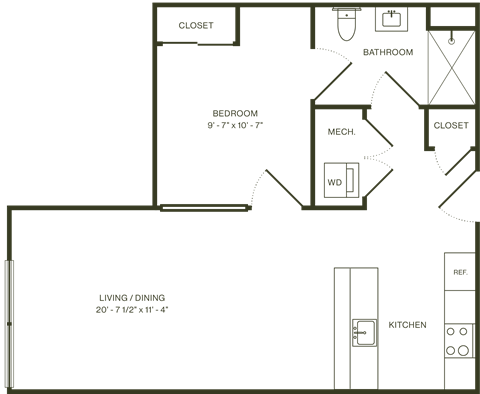 Floor plan for 1 bed, 1 bath, 647 sqft